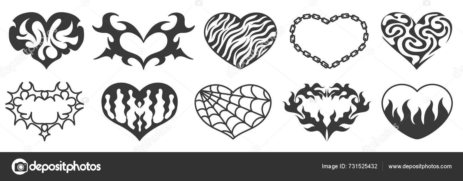 新部落心脏纹身形状炽热的火焰的心爱的链子蜘蛛网和尖锐的心脏符号哥特式Y2K浪漫贴纸矢量集抽象哥特庞克心形装饰, image size:1600x626