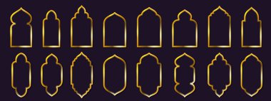 Basit altın Arap çerçeveleri. İslami mimari penceresi, doğu kapısı ve kemer şekilleri parlak dekoratif çizgi Arap pencere kenarları, gölgeli vektör seti olan altın çerçeve