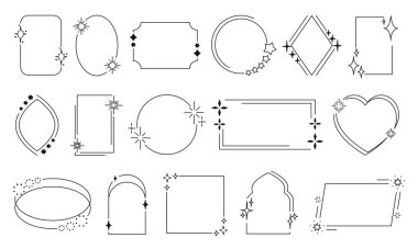 Çizgi yıldızlı çerçeveler. Dekoratif parlak çerçeve, yıldız parıltıları, basit büyülü ışıltı sınırları ve ışıltılı şekiller. Minimalist estetik vektör izole edildi. y2k minimal eğilim grafiği.