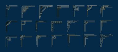 Çin geleneksel süsleri köşeleri. Asyalı düğüm kenarları doğu afiş kartı, davetiye veya amblem köşe dekorasyon vektörü seti için desen. Japon stili dekoratif çerçeve elementleri.