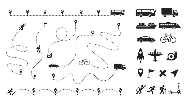 stock vector Dashed line route. Travel navigation routes with dash line path, location pins and transportation shipping delivery icons, ship and plane, train and car. Roadmap paths for infographic. Way vector set.