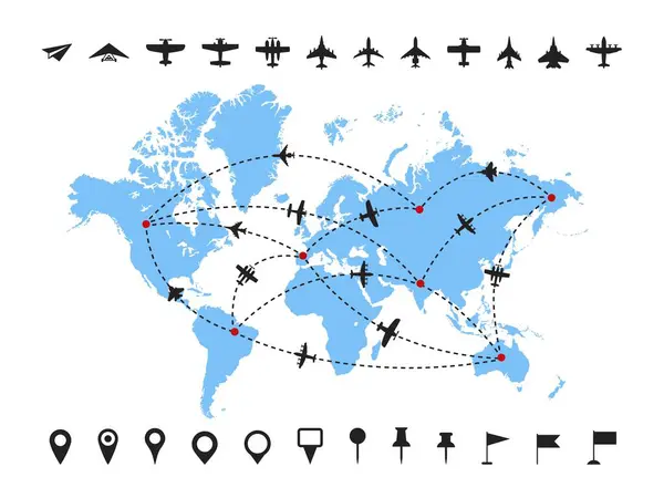 stock vector Airline routes on world map. Worldwide air travel dashed line route with plane icon, destination tracks and landing pin points. Flight radar path trajectories, international transportation vector set.