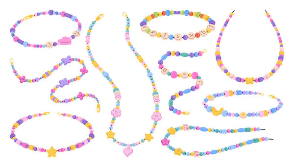 Beaded friendship bracelets and necklaces. Handmade jewelry, crafty DIY fashion accessories for kids and teens. Hippie bracelet, necklace string with love, BFF and friends beads vector set.