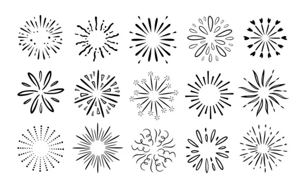 Havai fişekler. Dekoratif güneş ışınları, el çizimi radyal ışıltılar havai fişek patlamalarını kutluyor. Su sıçrama patlaması, konfeti ve yuvarlak sprey seti. Yıldız patlaması çizgi filmi izole edilmiş dekorasyon.