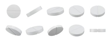 3 boyutlu ilaç tabletleri. Beyaz haplar, eczacılık ilaçları ve eczane, ilaç ve sağlık hizmetleri için çeşitli açılardan yuvarlak tablet izole edilmiş vektör..