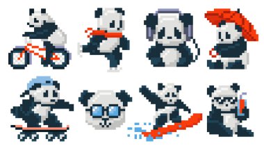 Pikseller şirin pandalar. Retro 8bit panda maskotu bisiklet ve kaykay, buz pateni ve sörf, şemsiye ve soğuk içecek, gözlük ve kulaklık vektör çizimi seti.