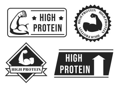 Yüksek protein etiketleri. Kas etiketi ve fitness, vücut geliştirme ve beslenme ürünleri ambalaj tasarımı için güçlü pazı kolları. Protein simgeleri vektörü belirlendi.