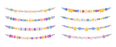 Renkli boncuklu arkadaşlık bilezikleri. Plastik boncuklar DIY kolye ya da bilezik takılar Dream, BFF, Summer, Happy, Karma ve Sisters el çizimi vektör kümesi.