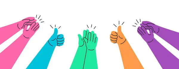 stock vector Clapping hands. Colorful doodle hands clapping and giving thumbs up, appreciation and approval concept. Applause claps for celebration of success hand drawn vector illustration.