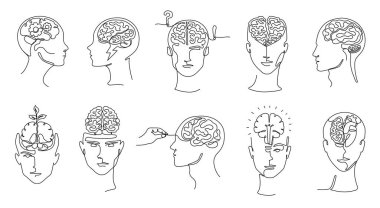Sürekli tek bir düşünce. Beyin, yaratıcı düşünce, zihinsel sağlık ve kişisel gelişim el çizimi konsept çizim çizimi sanat vektörü çizimi.