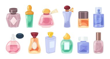 Cartoon perfume bottles. Aroma water, fragrant essences glass bottle packages and luxury cologne. Fragrances pumps and sprayers isolated vector illustration set. clipart