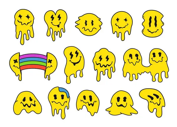 Tuhaf gülücükler. Damlayan eritilmiş emoji suratı, komik damlalar ve mutlu saykodelik yüz ifadeleri. Geçmişe dönük asit coşkusu ve estetik izole edilmiş vektör illüstrasyonunda damlayan gülümsemeler.