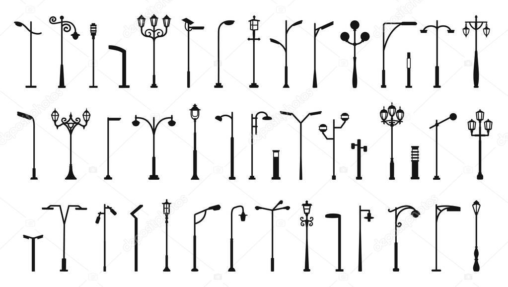 Streetlights silhouettes. Outdoor lighting lamp posts, street light poles and park illumination. Vintage lanterns and modern streetlights shapes vector set.