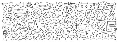 İnce çizgili oklar. Elle çizilmiş ok karalamaları, kıvrımlı girdaplar, işaret çerçeveleri, zikzak çizimleri, girdaplar ve bilgi tasarımları için dalgalı eğriler.