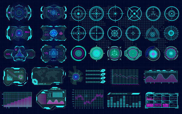Futuristic interface showcases an array of graphical elements for data analysis and monitoring. Various icons, graphs, and indicators are present, designed for high-tech environments.