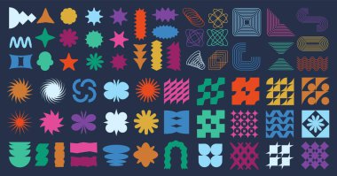 Soyut yıldız geometrik şekilleri. Dinamik formlar, yaratıcı gaddar düz figürler ve zen çizgisi kalıpları. Zigzag etiket siluetleri, yıldız ve kıvılcım elementleri vektörü ayarlandı.