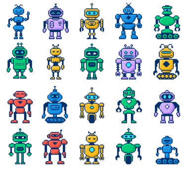 Piksel sanat robotları. Gelecekçi robot, 8bit robot maskotu ve retro insansı. Cyborg ve android dijital video oyunu pikselleştirilmiş robotik karakter vektör çizimi.