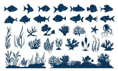 Akvaryum siluetleri. Su altı deniz yaşamı, şablon balıkları, mercan resifleri, deniz hayvanı ve okyanus yosunu. Akvaryum akvaryumu için su elementleri izole vektör çizimi.