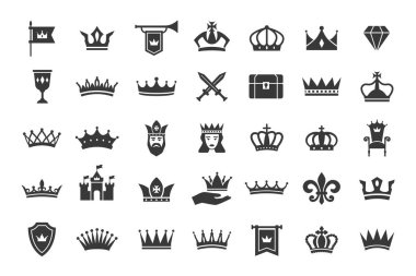Royal ve Regal ikonları. Kraliyet silueti, kraliyet tahtı ve kalesi, Kral taç giyme töreni ve Kraliçe lüks resim çizimleri. Görkemli Heraldik elementler vektörü ayarlandı.