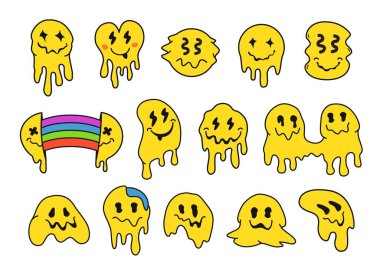 Tuhaf gülücükler. Damlayan eritilmiş emoji suratı, komik damlalar ve mutlu saykodelik yüz ifadeleri. Geçmişe dönük asit coşkusu ve estetik izole edilmiş vektör illüstrasyonunda damlayan gülümsemeler.