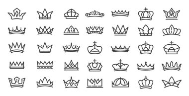 Doğrusal taç. Kraliyet Kraliçesi tacı ve Kral taç ikonları, görkemli taç, özel ve prestijli piktogramlar taçlandırılmış tarz amblem tasarımı için. Lüks çizgi sanat vektör sembolleri ayarlandı.