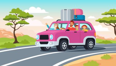 Aile seyahati. Yolculuk macerası, çocuklu mutlu bir aile SUV 'de tatilin tadını çıkarıyor ve çatıda bavulları var. Çizgi film yaz tatili, yaşam tarzı vektör çizimi.