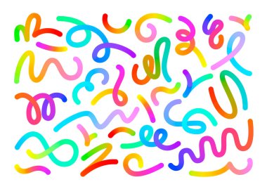 Gradyan çizgisi. Renkli kıvrımlar, enerjik soyut dalgalı şekiller ve sıvı renk karışımlı dinamik kıvrımlı şekiller. Sanatsal akış çizgileri izole vektör elementleri.