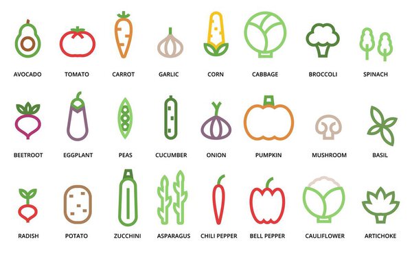 Минималистская линия икон овощей. Зеленгроцерия здоровые продукты питания и органические продукты фермерского рынка. Простые геометрические овощи и линейные съедобные растения.
