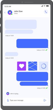 Mesaj baloncukları, zaman göstergeleri ve kullanıcı durumu göstergeleri ile devam eden bir sohbet sohbetini gösteren modern akıllı telefon, gerçek zamanlı iletişimi vurguluyor