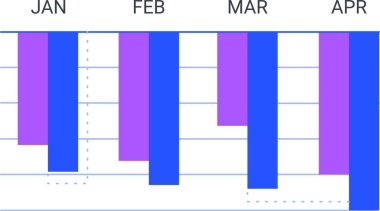 Renkli çubuk grafikleri, iş bilgi grafikleri için istatistiksel eğilimleri ve zaman çizelgesini temsil ederek, performans ölçümlerini Ocak 'tan Nisan' a kadar görselleştirmektedir.