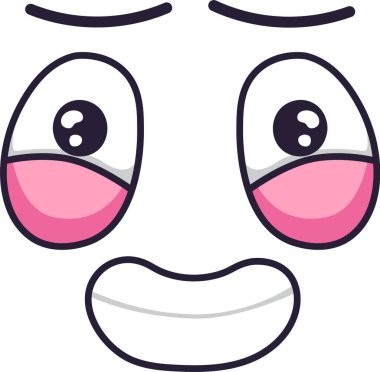 Çizgi film yüzü karışık duyguları ifade eder, geniş, gülümseyen bir ağızla hüzünlü gözleri birleştirir, eşsiz ve ilgi çekici bir yüz ifadesi yaratır.