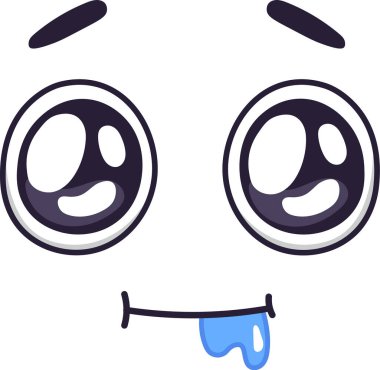 Büyük, yuvarlak gözleri, küçük kaşları, gülümseyen bir ağzı ve çenesinden damlayan salyası olan komik çizgi film yüzü bu vektör illüstrasyonunda aşırı açlığı ifade eder.