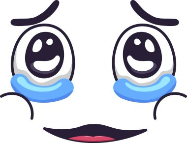 Çizgi film yüzü karışık duygular ifade eder, gülümseyen gözlerle sevinç gözyaşları ve mutlu bir ağız, acı tatlı ve ironik bir ifade yaratır.