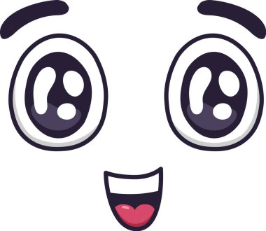 Çizgi film yüzü mutluluğu açık gözlerle gösterir, kaşlarını kaldırır, ve büyük, ağzı açık bir gülümseme, neşe, eğlence ya da heyecan verici bir şekilde iletir.