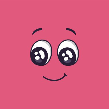 Cartoon face showing a surprising and happy expression, featuring large, expressive eyes and a gentle smile, conveying positive emotions and a sense of wonder against a vibrant pink backdrop clipart