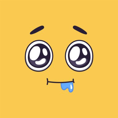 Yellow cartoon face drooling while showing desire and looking surprised, with big eyes, small mouth and a drop of saliva, on a yellow background clipart