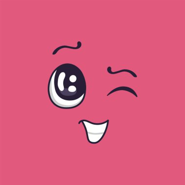 Göz kırpan karikatür yüz neşeli bir gülümseme ve kaşlarını kaldıran, zahmetsizce yaramazlık yapan ve eğlenen, hepsi enerji dolu canlı pembe bir zemin üzerine kurulmuş