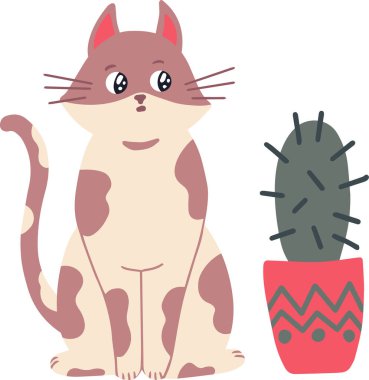 Şirin benekli kedi, güzel dekore edilmiş bir tencerede küçük bir kaktüsün yanında şakır şakır oturuyor. Beyaz arka planda düz bir vektör çizimi var.