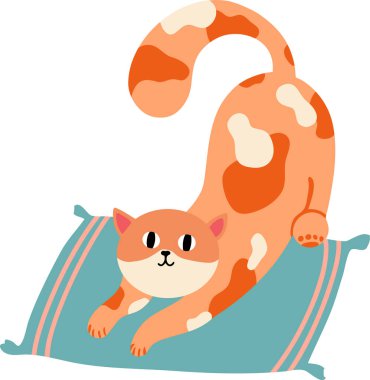 Playful orange cat with white spots is arching its back and stretching its paws on a teal pillow with pink stripes, creating a cheerful and adorable scene clipart