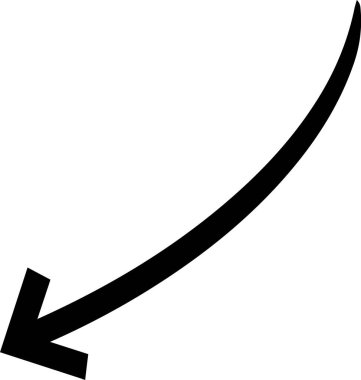 Basit, siyah, el çizilmiş ok aşağı ve sola doğru kıvrılıyor, beyaz bir arkaplanda izole edilmiş, net bir yön ve görsel yönlendirme sağlıyor.