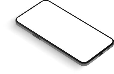 Boş beyaz ekranlı modern bir akıllı telefonun perspektif görüntüsü, temiz beyaz bir yüzey üzerine ince bir gölge, mobil uygulamaları veya dijital içeriği göstermek için ideal