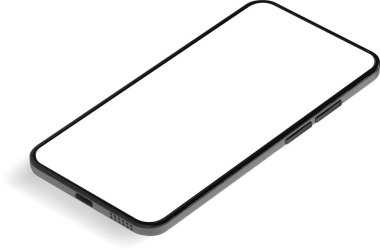 Beyaz ekranlı parlak siyah akıllı telefonun perspektif görüntüsü, hafif gölgeli temiz beyaz arkaplana karşı mobil uygulama tasarımlarını göstermek için idealdir