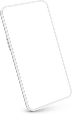 Modern beyaz akıllı telefon, boş bir ekran sunuyor, temiz beyaz bir arkaplanda zahmetsizce süzülüyor. İnce yuvarlak kenarları, ses düzeyi düğmelerini ve parlak bir tasarım için güç düğmesini vurgulamak