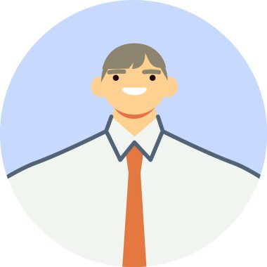Beyaz gömlek ve kravat giyen neşeli bir işadamının portresi, dairesel çerçevede güvenle gülümseyen, kurumsal ortamlarda profesyonelliği ve ulaşılabilirliği aktaran
