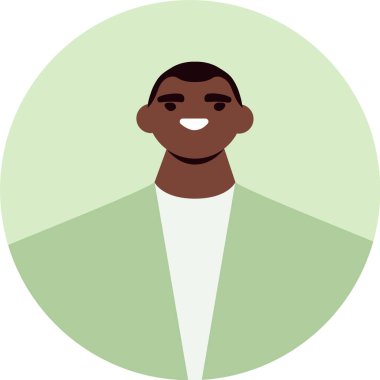 Açık yeşil ceket giyen, profil resimleri, avatarlar veya sosyal medya simgeleri için ideal olan, muhtemelen profesyonel ya da ofis çalışanı olan neşeli bir gencin minimalist vektör çizimi