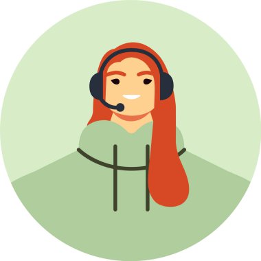 Kızıl saçlı kadın çağrı merkezi operatörü, kulaklık takıyor, gülümsüyor ve müşterilere yardım ederken, destek veriyor, sorulara cevap veriyor ve mükemmel hizmet ve memnuniyet sağlıyor.