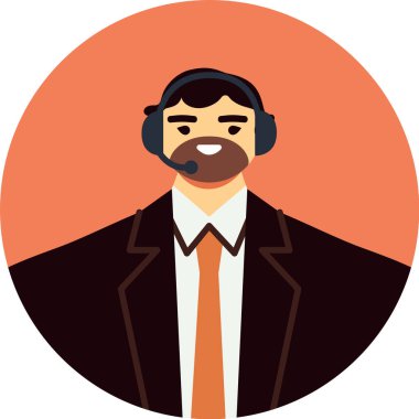 Kulaklıklı dost canlısı iş adamı, operatör veya müşteri hizmetleri temsilcisi olarak çalışırken gülümsüyor, yardım ve destek sağlıyor