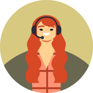 Uzun kızıl saçlı arkadaş canlısı bir çağrı merkezi ajanı kulaklık takıyor ve gülümsüyor. Dairesel çerçevede mükemmel bir müşteri desteği sağlıyor.