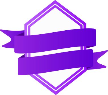 Altıgen bir çerçeveyi saran iki zarif mor kurdele beyaz bir arkaplanda çeşitli marka ve promosyon amaçları için çok yönlü bir rozet oluşturuyor.