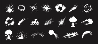 Çizgi film enerji patlaması şekilleri. Dinamik patlama dalgaları duman bulutları, ateş alevleri, kıvılcımlar ve çarpışma patlamaları. Enerji patlamaları görsel efekt vektörü ayarlandı.